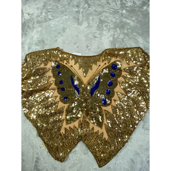 Silk Sequin Butterfly Top Womens Medium Gold Blue Embellished Festival Y2K Boho - Picture 7 of 8